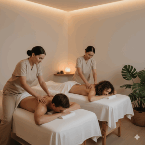 Couple receiving simultaneous massages in spa